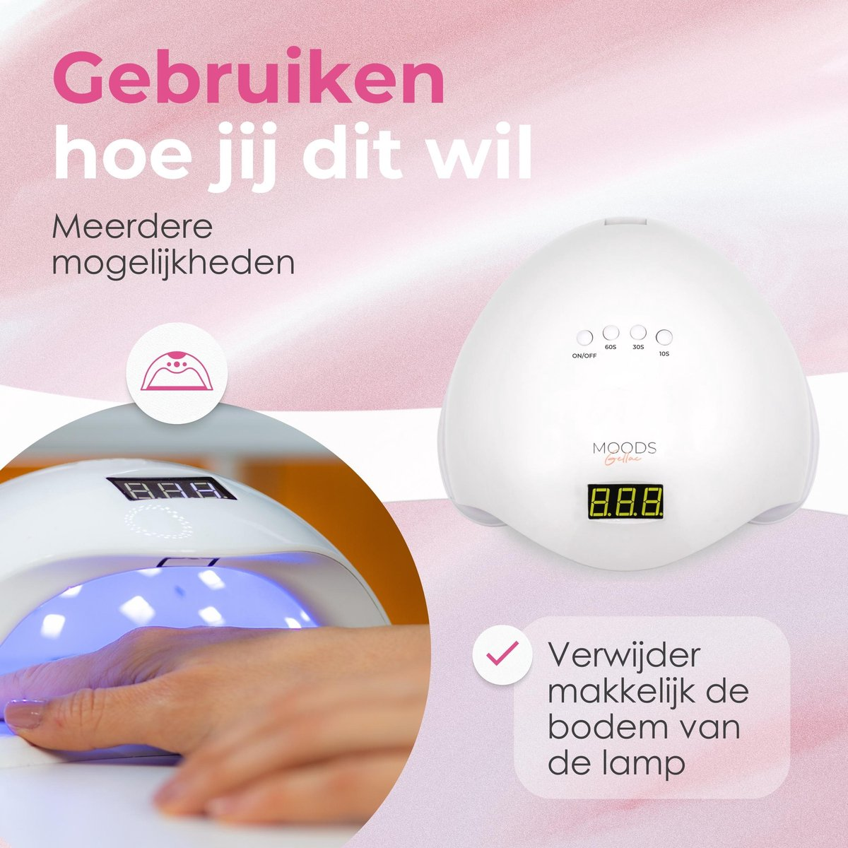 Moods Gellac - Lampe professionnelle pour ongles - Lampe UV pour ongles en gel - Séchoir à ongles - Contrôlable par boutons - Puissante lampe LED - Blanc