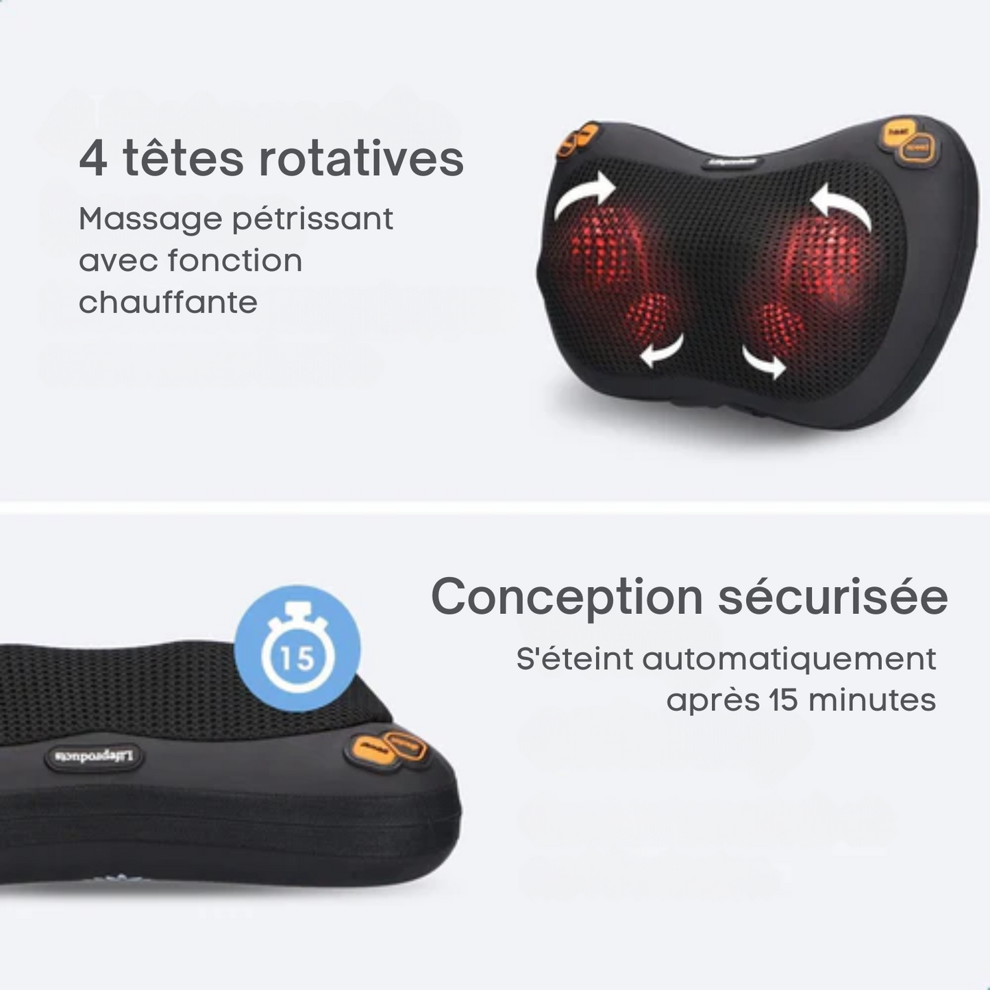 Coussin de massage Shiatsu - Lifeproducts - Rechargeable - Fonction chaleur - Noir