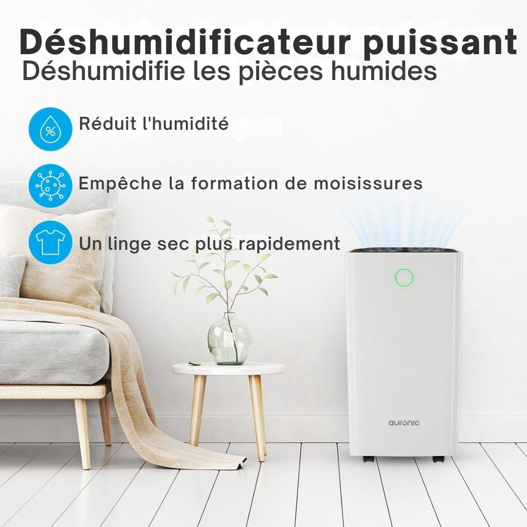 Déshumidificateur Auronic - 12 litres par jour - Fonction Lavage-Séchage - 185 W - 30,5 x 26,5 x 52 cm - Blanc
