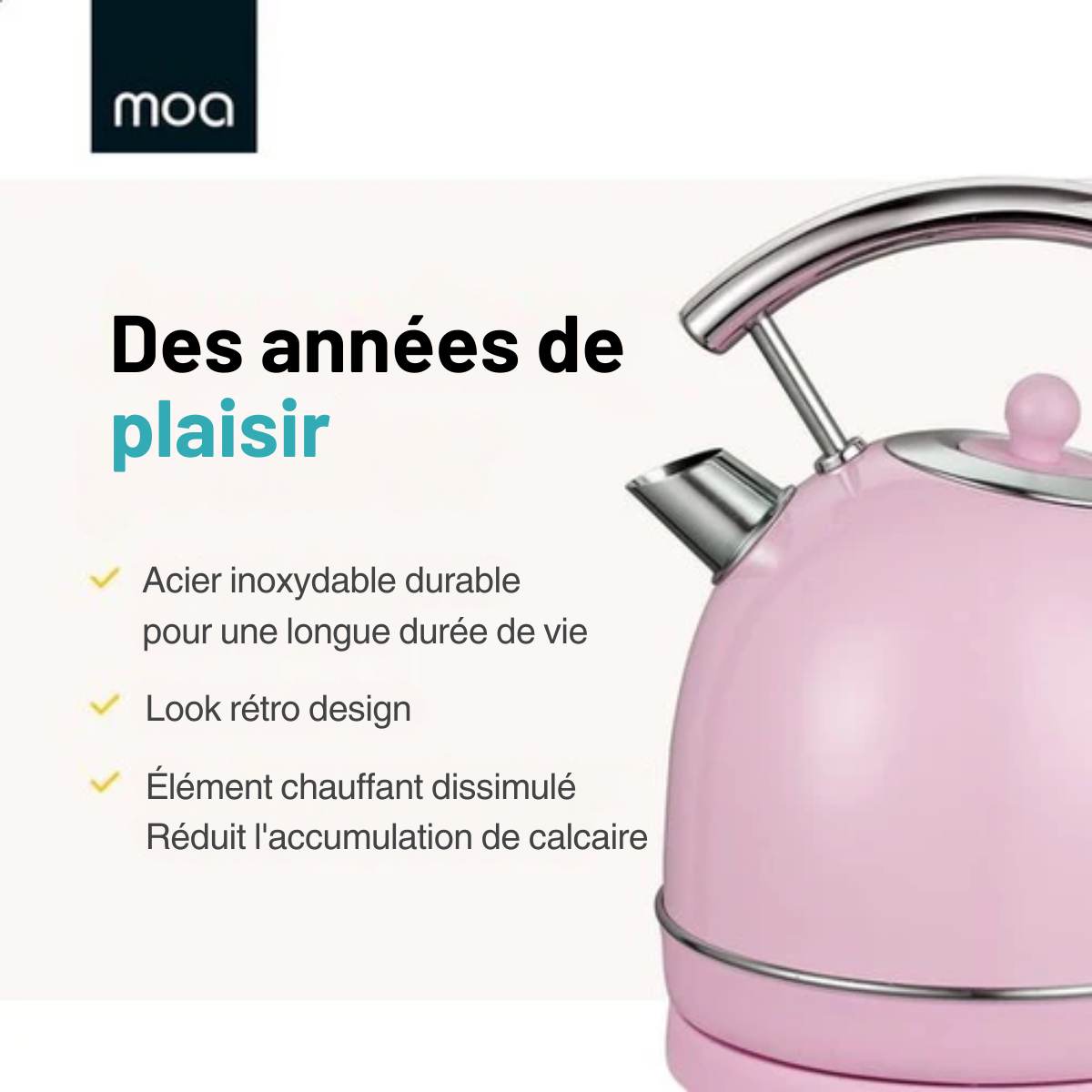 Bouilloire rétro - MOA - électrique - acier inoxydable - EK4TP - rose pastel