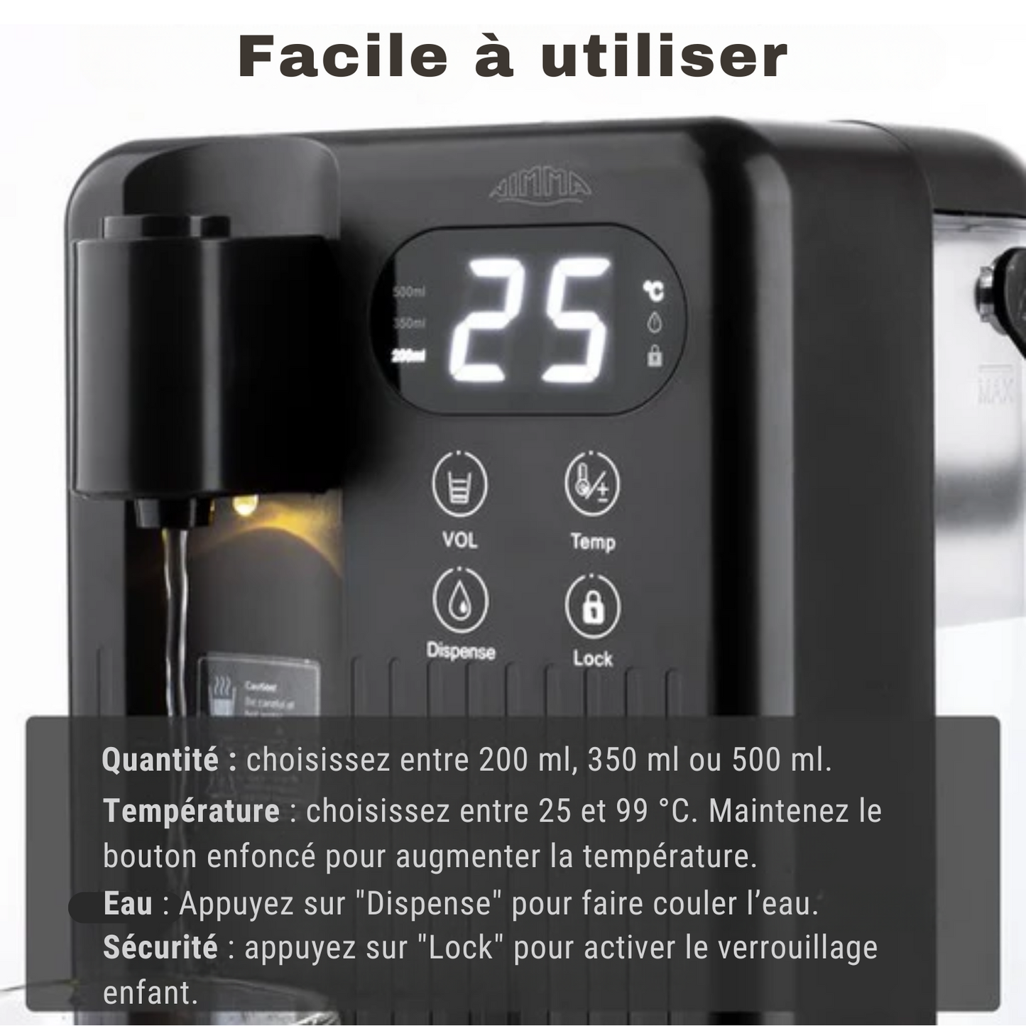Distributeur d'eau chaude - Nimma - 3L - 2000W - 200/350/500 ml - Bouilloire instantanée - Noir