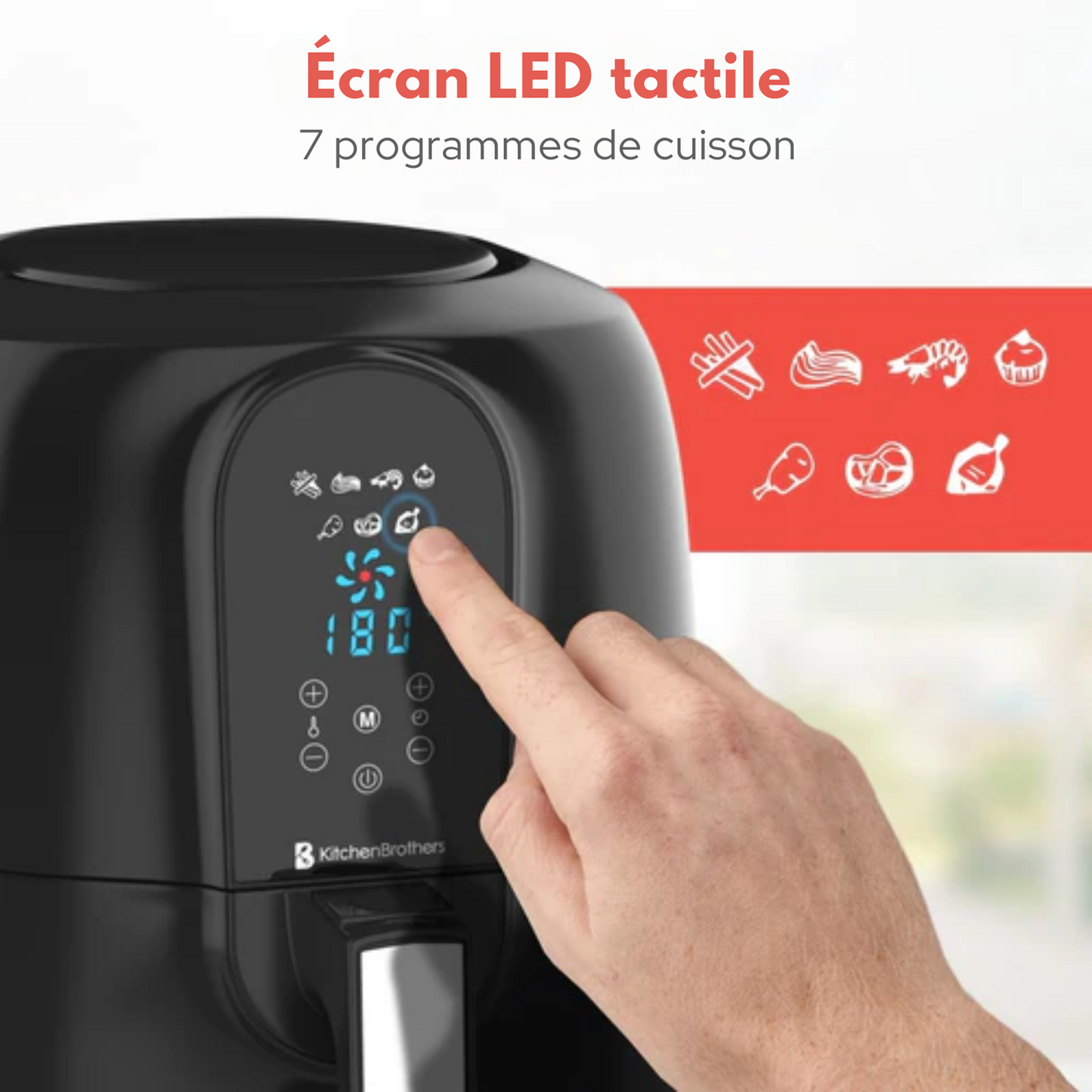 Airfryer - KitchenBrothers - Friteuse à hair chaud - 7,2 L -1890 W - Friteuse sans huile - 7 programmes de cuisson - noir - + un livre de recettes