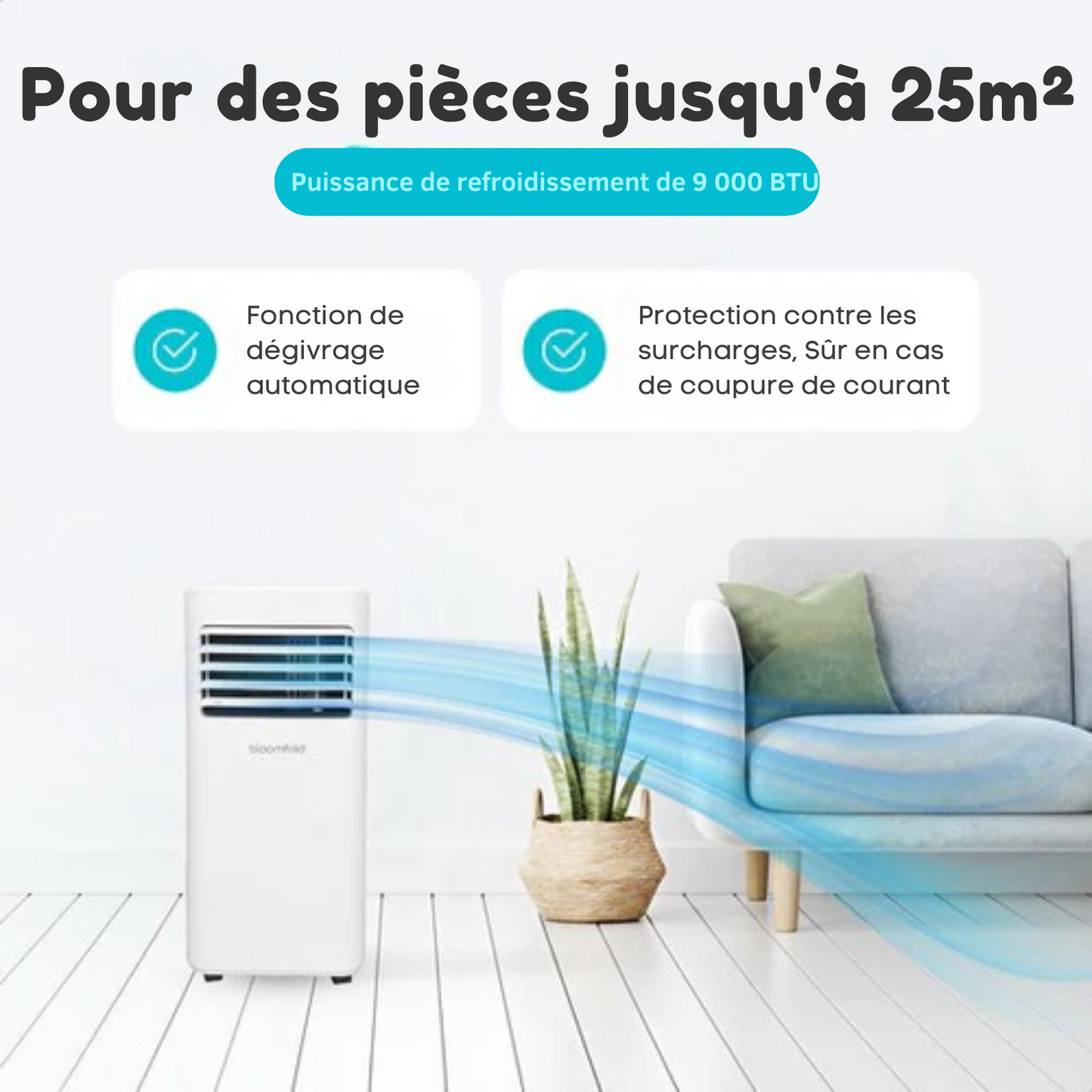 Climatiseur mobile - Bloomfold - 9000 BTU - Silencieux et Facile à Installer - Jusqu'à 25m² - Mode Wifi & Application