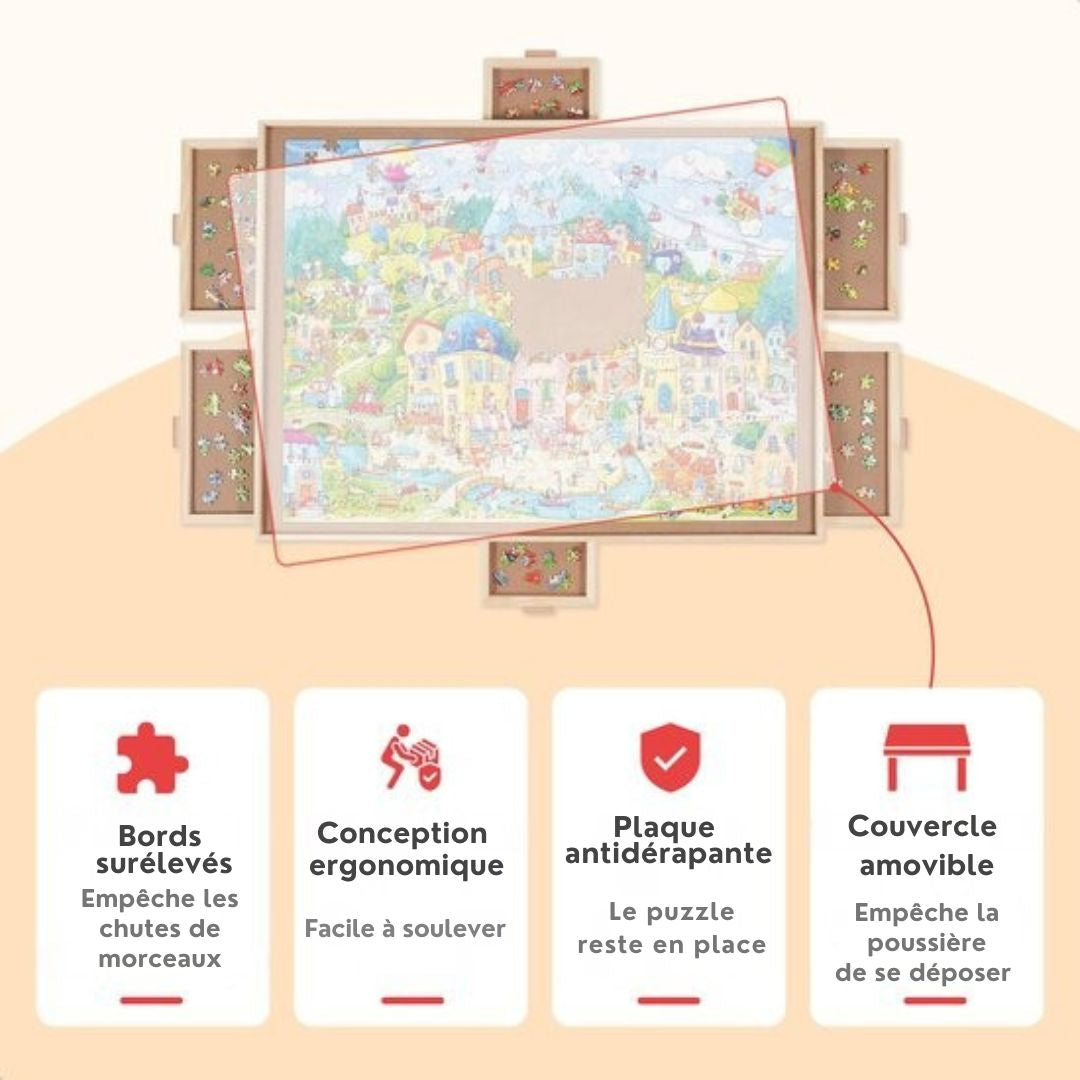 Plateau de puzzle rotatif avec système de rangement - 6 tiroirs - 1500 pièces - Bois - Table de puzzle - Classeur de puzzle - 64 x 86 x 4 cm - Couvercle de protection inclus - Tapis de puzzle - Mallette - Bois