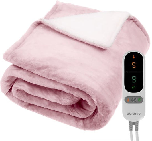 Couverture électrique Auronic - 200x180cm - Couverture chauffante - 2 personnes - Polaire Sherpa - 9 niveaux de chaleur et minuterie - Couverture - Couverture chauffante - Rose