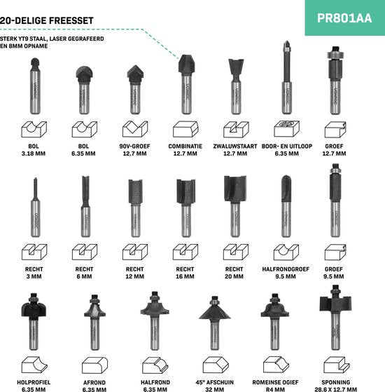 VONROC router set / Top milling set - Top quality YT9 steel - 8mm tool holder | 20 pcs in deluxe case