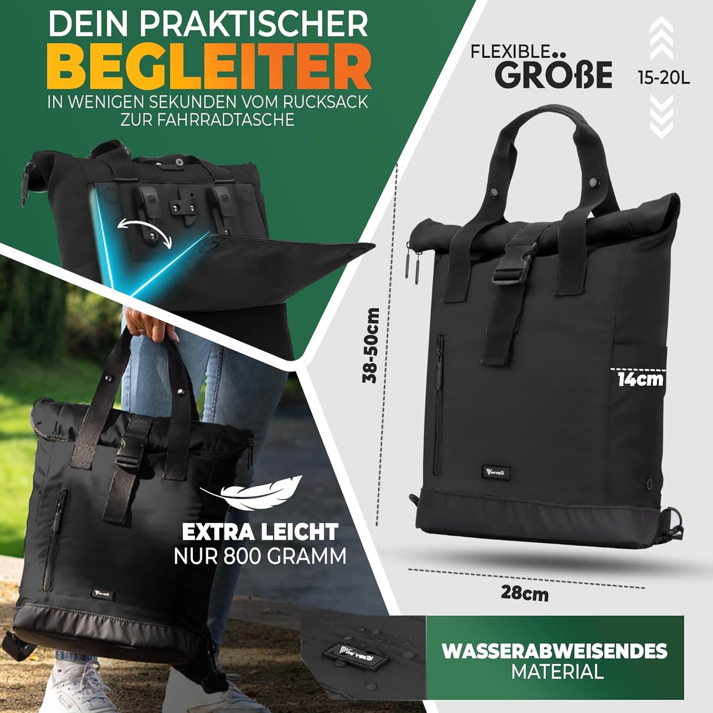 Sac à dos et sacoche de vélo Mivelo pour porte-bagages - 22 litres - Polyester hydrofuge - Fixation KLICKfix - Noir