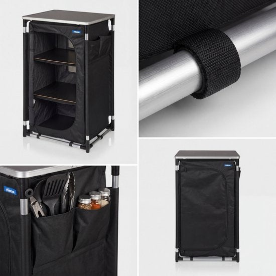 Armoire de camping pliable Tristar – Structure en aluminium – 3 étagères – Pieds réglables – Poches latérales – Sac de transport inclus – Noir - CU-0809
