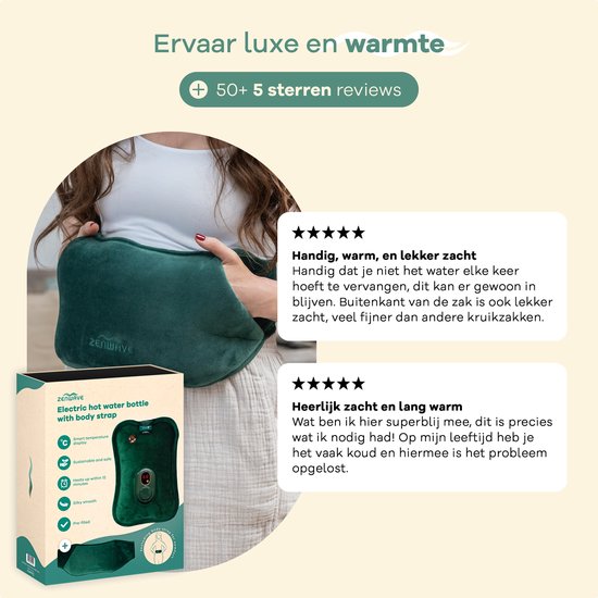 Bouillotte électrique Zenwave avec housse - Écran numérique - Bouillotte et bouillotte à eau avec chauffe-mains - Coussin chauffant rechargeable - Ceinture chauffante pour les règles - Durable et sans fil - Camping et plein air - Bouillotte verte