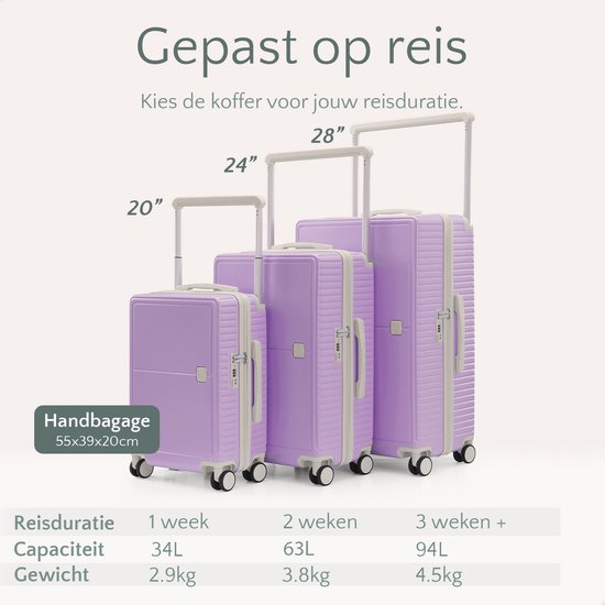 Skycases City Walker - Grande valise de voyage 94L - Légère et résistante - Roues pivotantes à 360° - Verrouillage TSA original - Housse de protection et pochette humide incluses - 76 x 52 x 29 cm - Violet