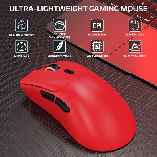 ATTACK SHARK R1 Superlight Gaming Mouse 59g - Rouge - 12.2 × 6.4 × 3.8 cm - Sans fil et filaire - Jusqu'à 18 000 DPI - 65 heures d'autonomie de la batterie