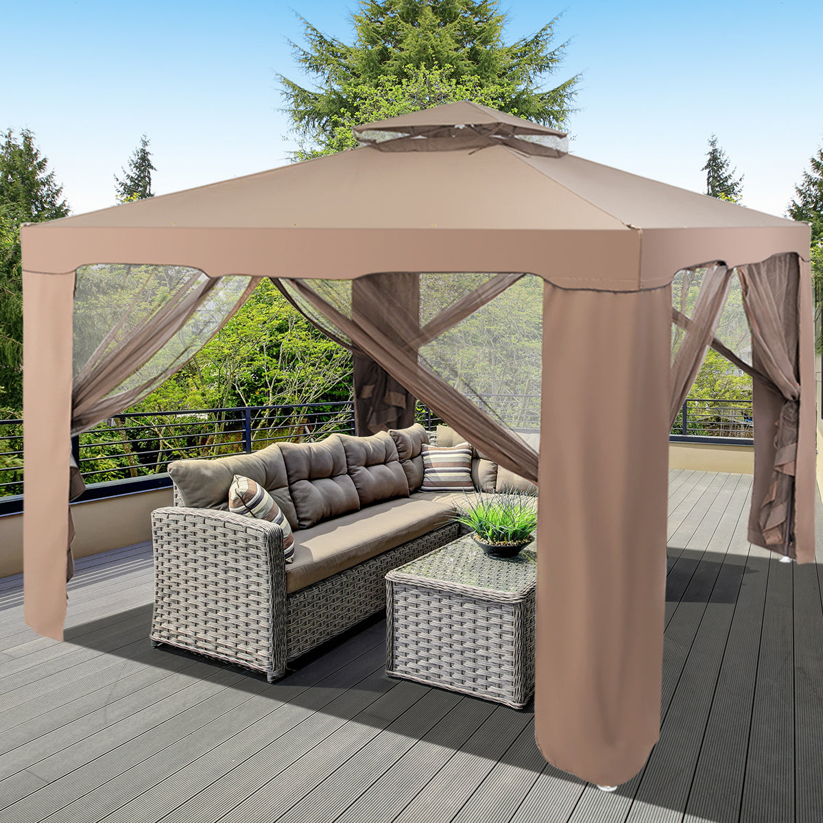 Tonnelle de jardin pliante Coast avec 4 parois latérales - 300x300x265cm - Marron