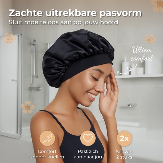Nuvance Bonnet Satin - Lot de 2 pièces - Chapeau de nuit en satin réglable - Bonnet en satin - Unisexe - Noir