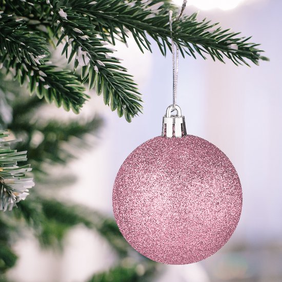 Lot de 100 boules de Noël - plastique - mat - brillant - pailleté - 10 motifs - rose