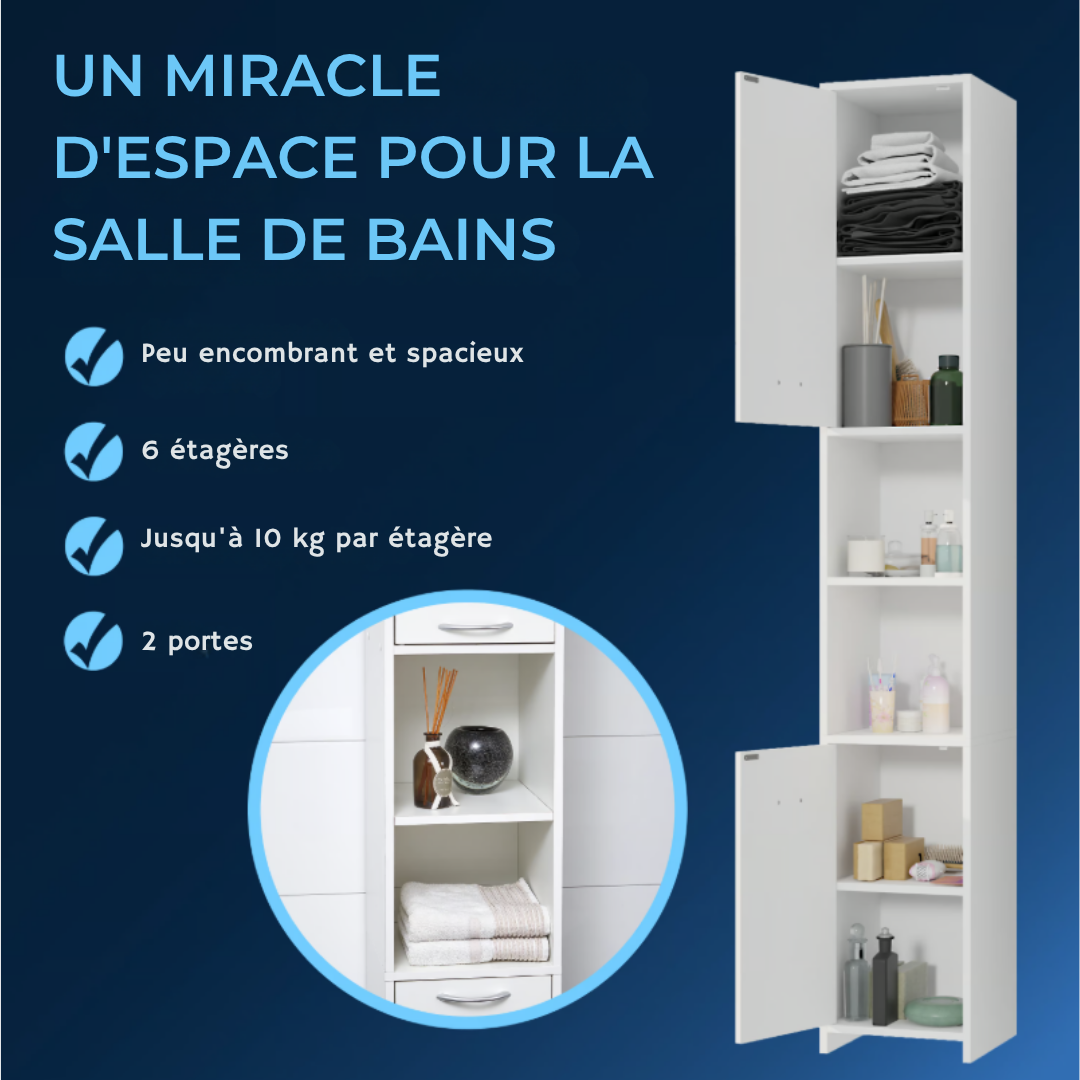 Armoire de salle de bains - Casaria - avec étagères réglables - 185 x 30 x 30 cm - Blanc