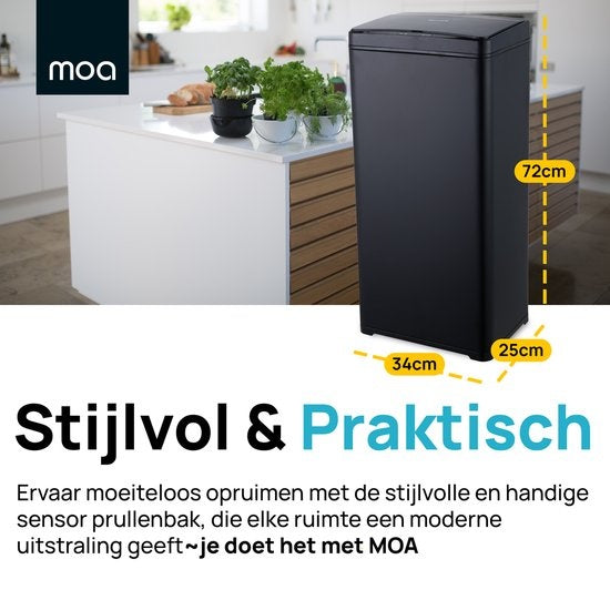 Poubelle avec capteur - MOA - 50 litres - Acier inoxydable et ABS durable - Silencieux -  Noir