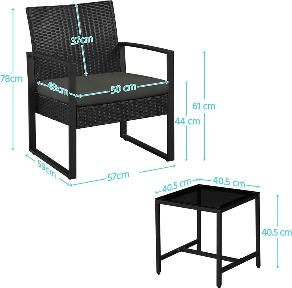 Ensemble de mobilier de jardin Yaheetech, 3 pièces - Noir/Gris - Ensemble de balcon en polyrotin avec table d'appoint