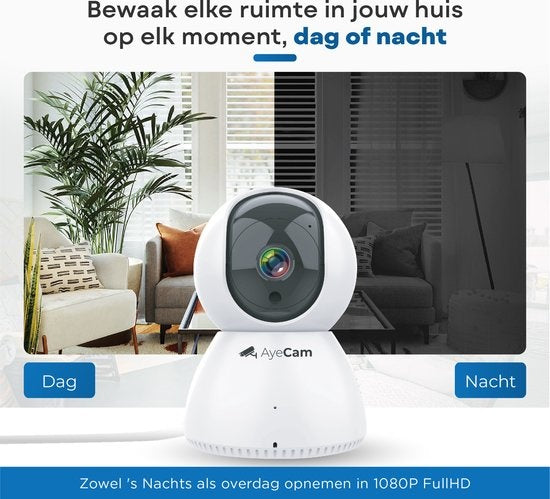 AyeCam Caméra de sécurité - Avec App - WiFi - Détecteur de mouvement - Incl. 32GB SD - Caméra de sécurité - Caméra pour animaux de compagnie