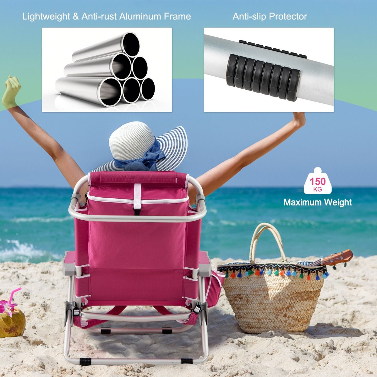 Coast Beach Chair Chaise longue pliable à dossier réglable en 5 positions avec porte-gobelet et compartiments de rangement Rose 66x65x78 cm - 2 pièces