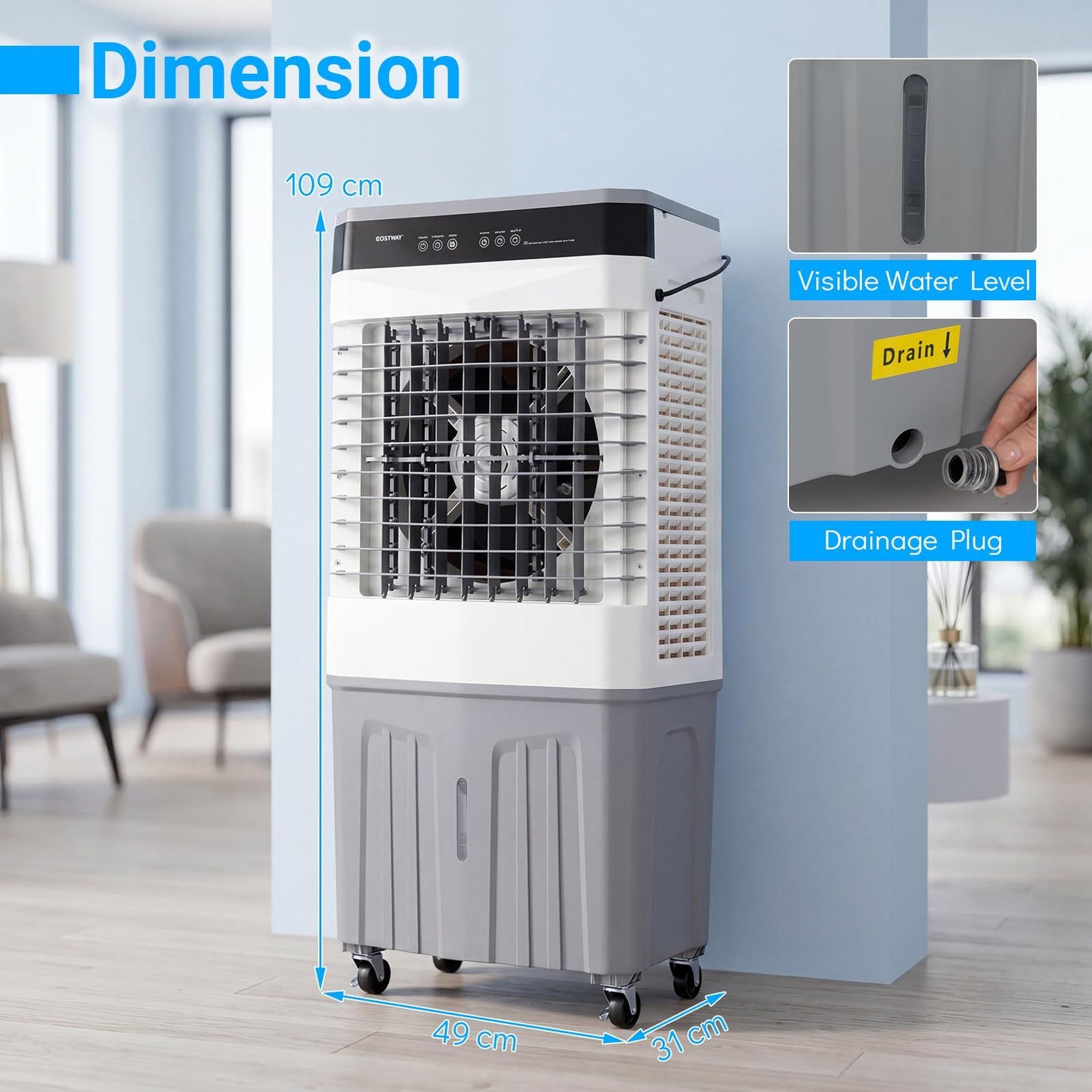 Ventilateur portable et refroidisseur d'air Coast avec télécommande - Réservoir d'eau de 27 L - 3 vitesses - 49 x 31 x 109 cm - Blanc/Gris