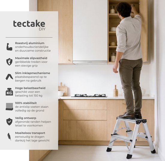 Échelle de cuisine double face en aluminium tectake® - 2 marches - 38,5 cm - Échelle robuste - Marchepied pliable - Échelle ménagère antidérapante