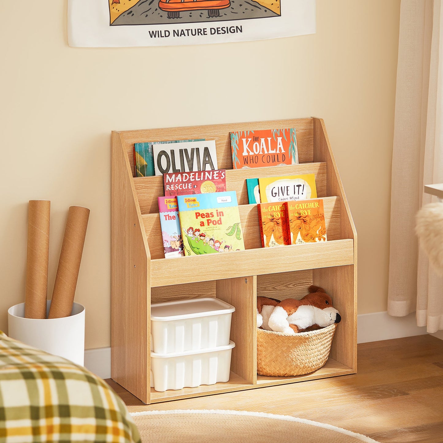 SoBuy KMB01-N Bibliothèque enfant en bois - 73x30x80 cm - 3 étagères et 2 compartiments ouverts
