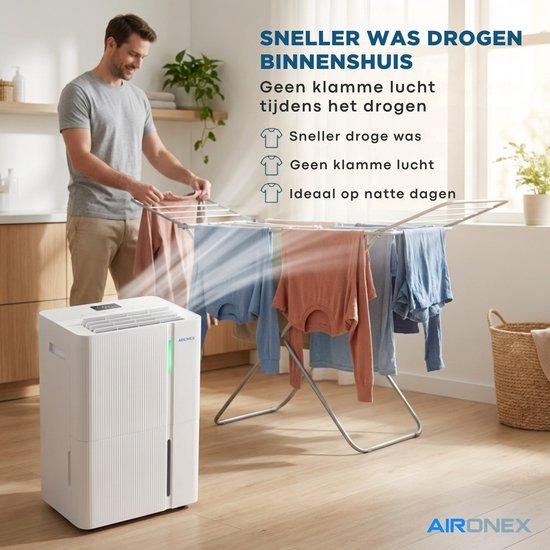 Déshumidificateur Aironex 30 L - Déshumidifie 30 litres par jour - Convient pour la cave, le salon, la chambre et la salle de bains - Absorbeur d'humidité - Déshumidificateur et purificateur d'air - Déshumidificateur pour chambre - Blanc - Déshumidificate