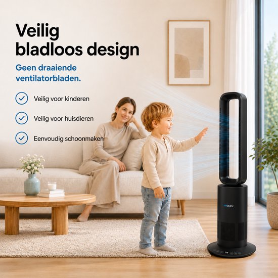 Ventilateur sans fil Aironex noir - Refroidisseur d'air économe en énergie - Refroidisseur d'air avec fonction rotative - Chauffage et refroidissement en un seul appareil - Ventilateurs - Ventilateur de table - Ventilateur sur pied