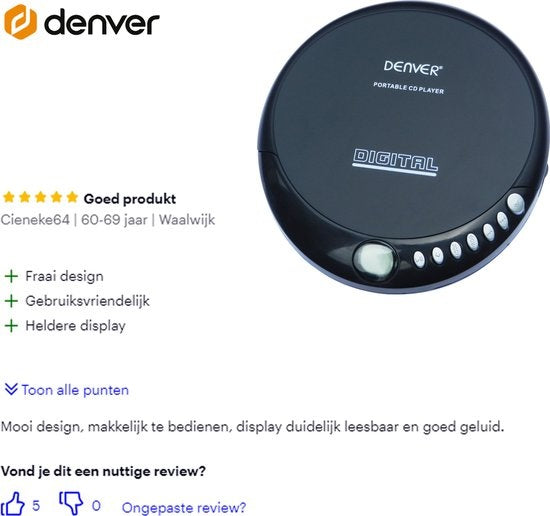 Lecteur CD Portable Denver – Discman avec écouteurs – Compatible CD/CD-R/CD-RW