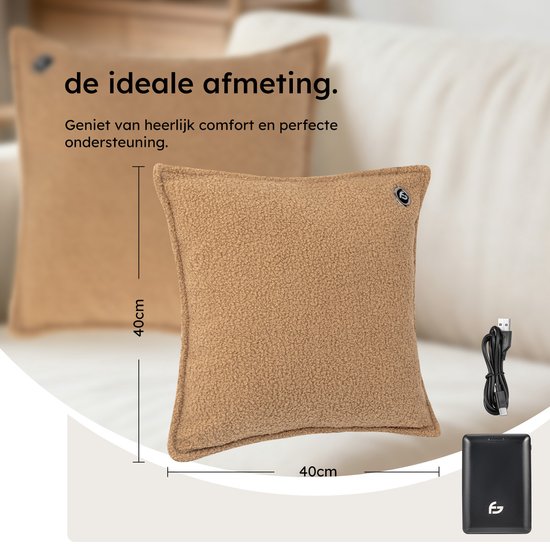 Coussin chauffant - 3 niveaux de chaleur - Coussin chauffant rechargeable - 10k mAh Powerbank - Sans fil - Coussin chauffant - 40 x 40 - Bouclé Taupe - Saaf Comfort