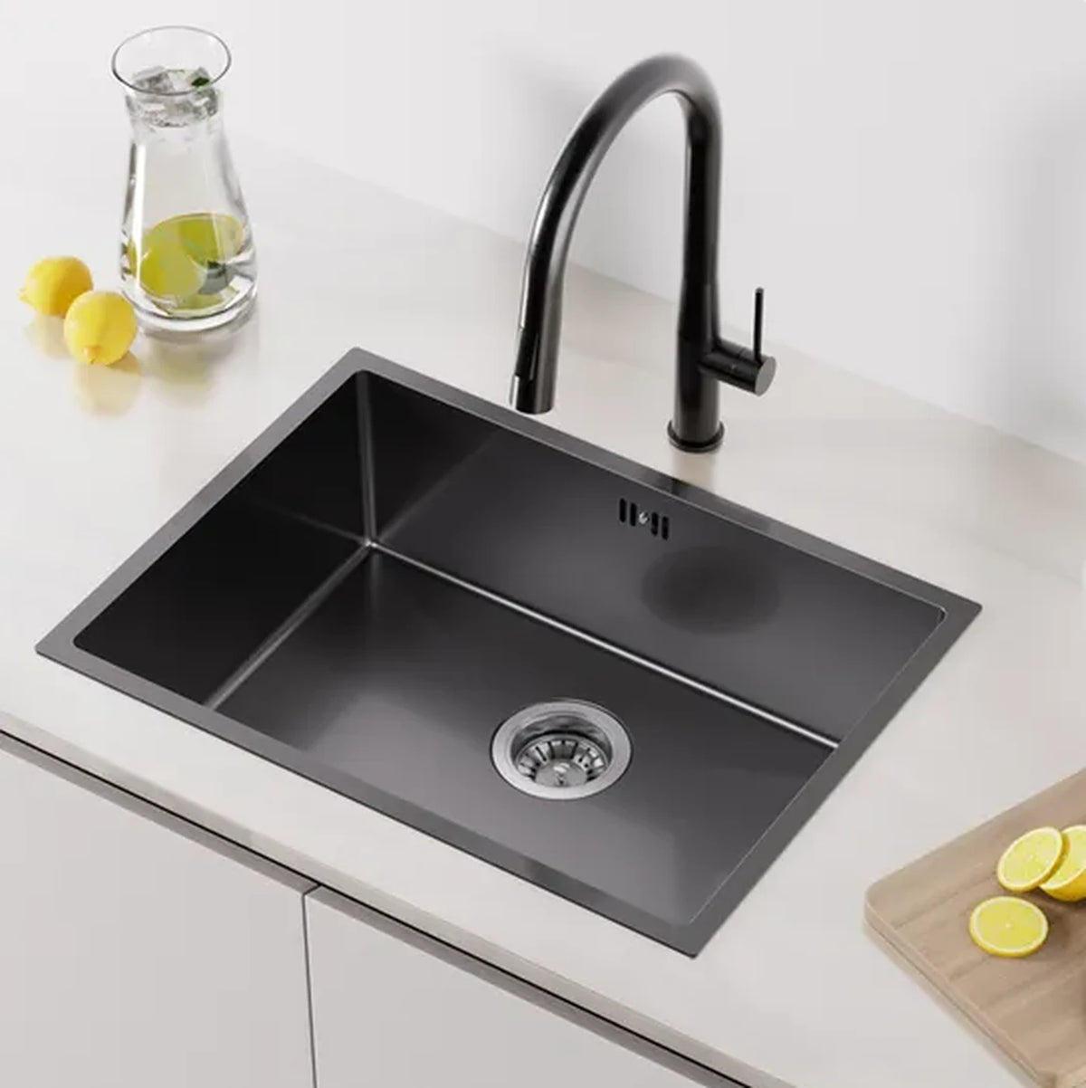 Évier Auralum MAX en acier inoxydable 60 x 44 cm - À encastrer, à poser et à poser sous plan - Insonorisant avec siphon - Gris foncé