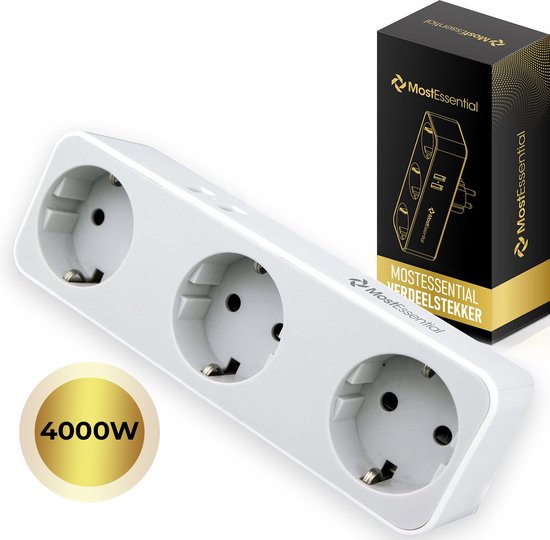 Multiprise MostEssential Premium 5-en-1 - Multiprise - 3 prises électriques et 2 ports USB - Horizontale - Blanche
