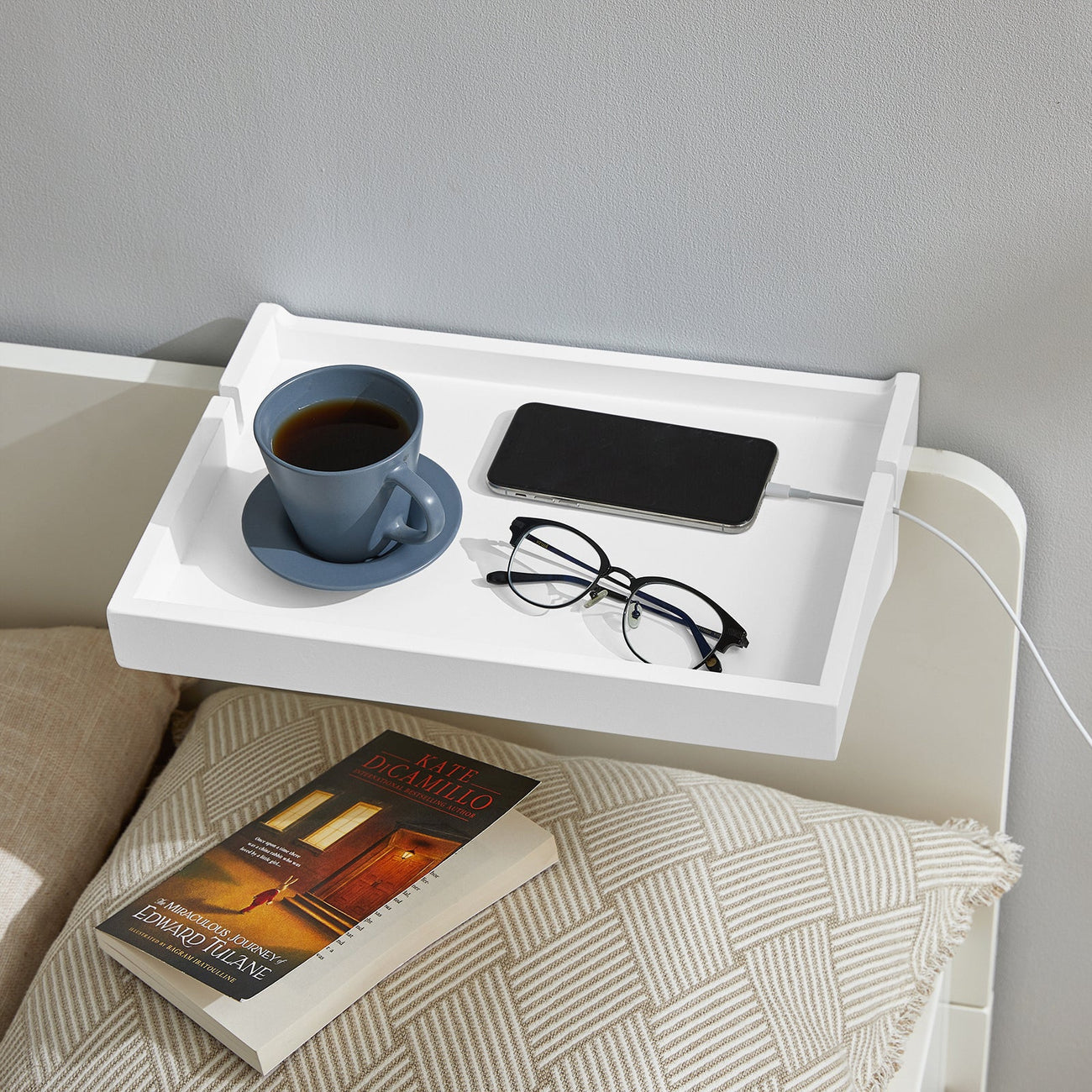 SoBuy NKD01-W Étagère de lit flottante en bambou - Max 2,5 kg - 36 x 8 x 25 cm - Blanc