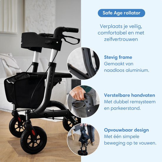 Rollator Safe Life - Pliable - Léger - Siège intégré - 61 x 70 x 85-99 cm - Roues en caoutchouc - Noir