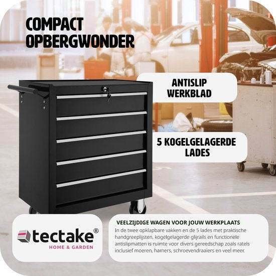 tectake® - Gereedschapswagen met 5 lades - zwart- 402797