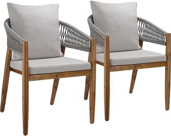 tectake® Lot de 2 chaises de jardin Manacor - Chaise de jardin en forme de corde - Chaise de balcon - Chaise d'extérieur en bois d'acacia verni résistante aux intempéries - Gris/Beige - Chaises de jardin, de balcon, de terrasse