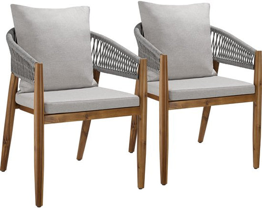 tectake® Lot de 2 chaises de jardin Manacor - Chaise de jardin en forme de corde - Chaise de balcon - Chaise d'extérieur en bois d'acacia verni résistante aux intempéries - Gris/Beige - Chaises de jardin, de balcon, de terrasse