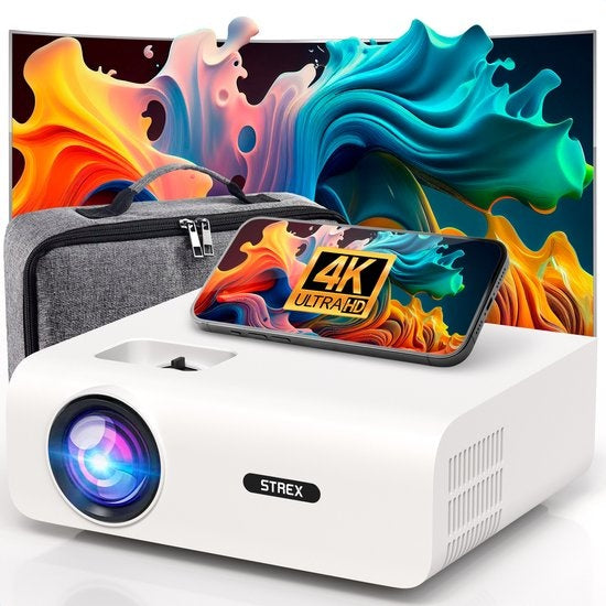 Strex Beamer - 1080P Full HD - 15000 Lumen - Streaming sans fil - Sacoche/écran de projection inclus - WiFi - Bluetooth - Mini Beamer - Projecteur