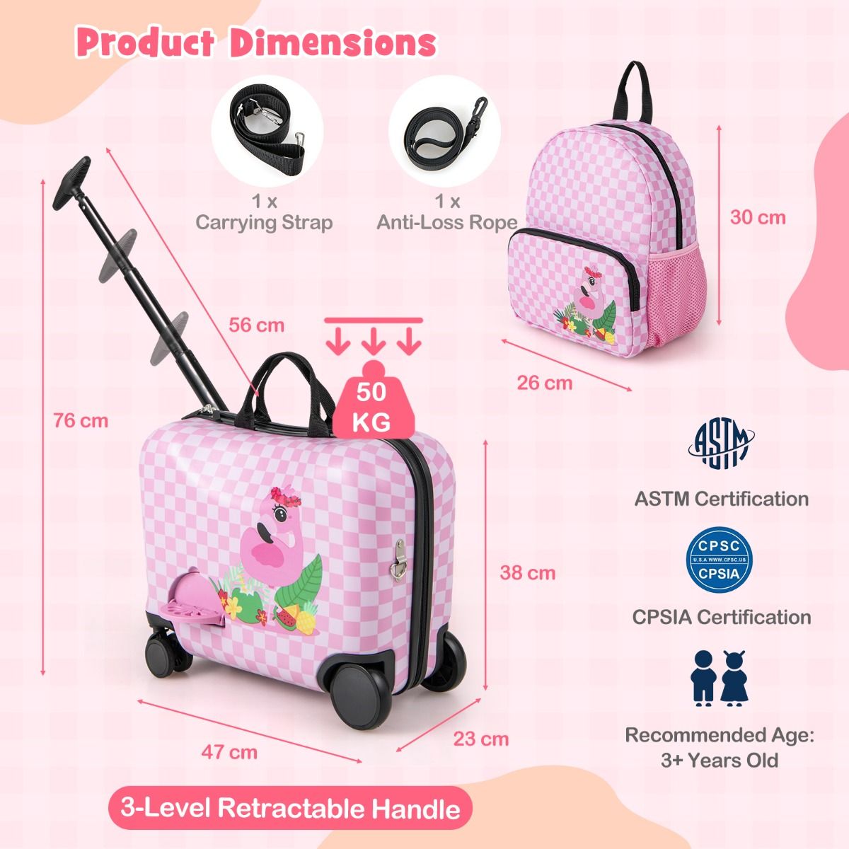 Ensemble valise et sac à dos pour enfant Coast - Conception 4 en 1 - Fonction siège - Rose