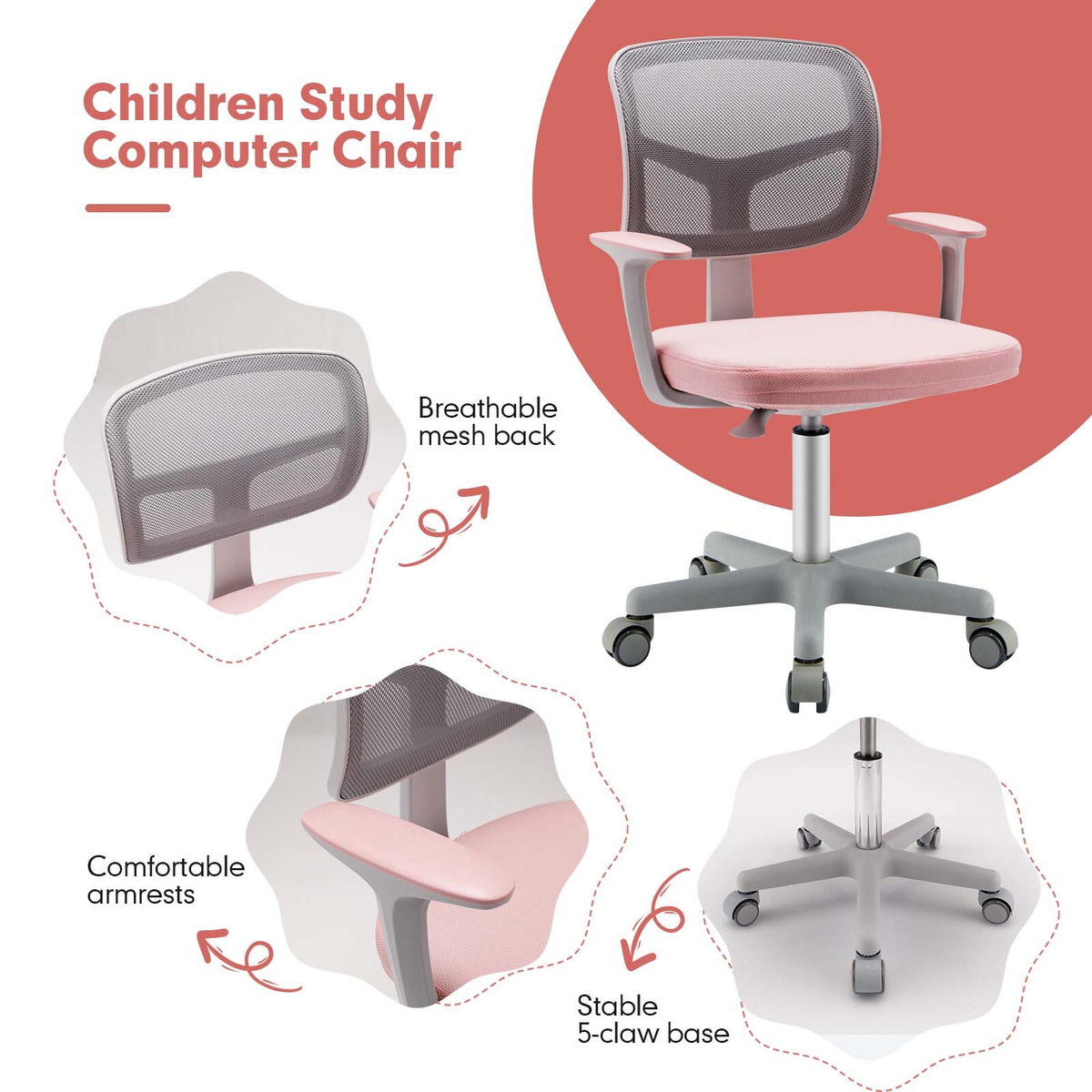 COAST Chaise de bureau pour enfant - Réglable en hauteur - Pivotant à 360° - Avec accoudoirs et dossier - Pour les enfants de 3 à 10 ans - Rose