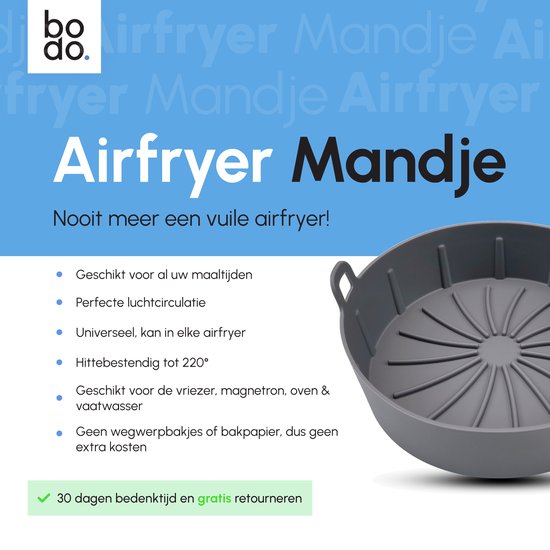 Bodo® Airfryer Accessories - Plateau pour friteuse en silicone - Panier pour friteuse - Plateau collecteur réutilisable - 19 cm - Convient à la friteuse Airfryer XL - Moule à pâtisserie - Gris - Friture - Papier à frire - Friteuse à air chaud - Plateaux j