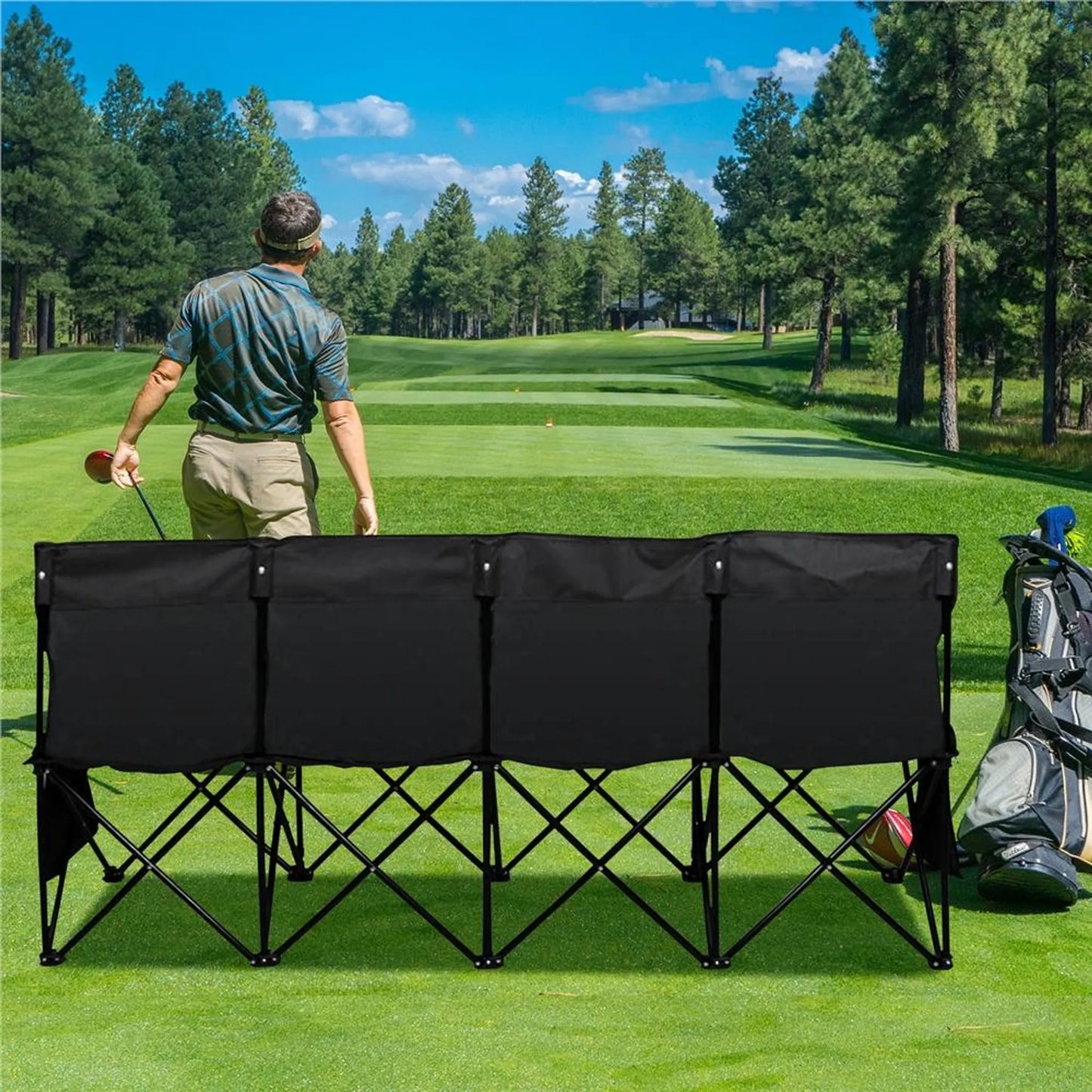 Yaheetech Banc de camping pliable pour 4 personnes - 184 x 49 x 82,5 cm - équipé d'un tissu 600D Oxford et d'un sac de transport et de 2 compartiments de rangement - pour le camping et les tournois sportifs - métal noir