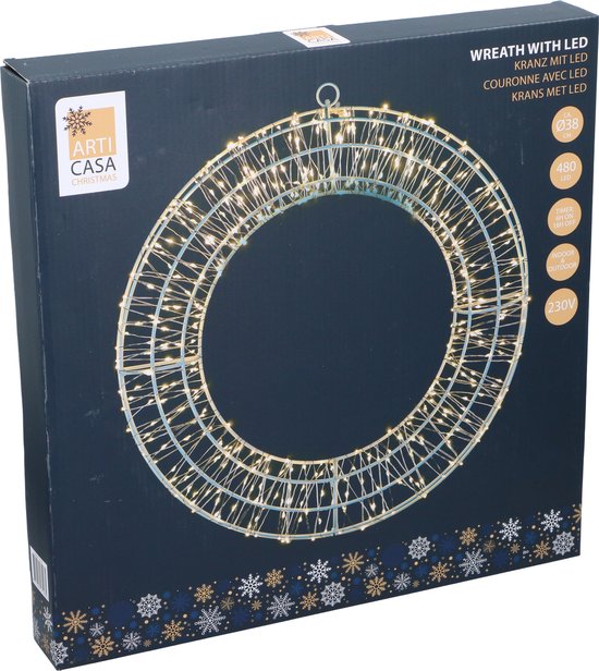 Arti Casa LED Couronne de Noël 38cm - Décoration de Noël pour l'intérieur et l'extérieur - Avec 480 LED et minuterie - Décoration de Noël pour porte ou mur - Couronne de Noël avec lumières - 220-240V