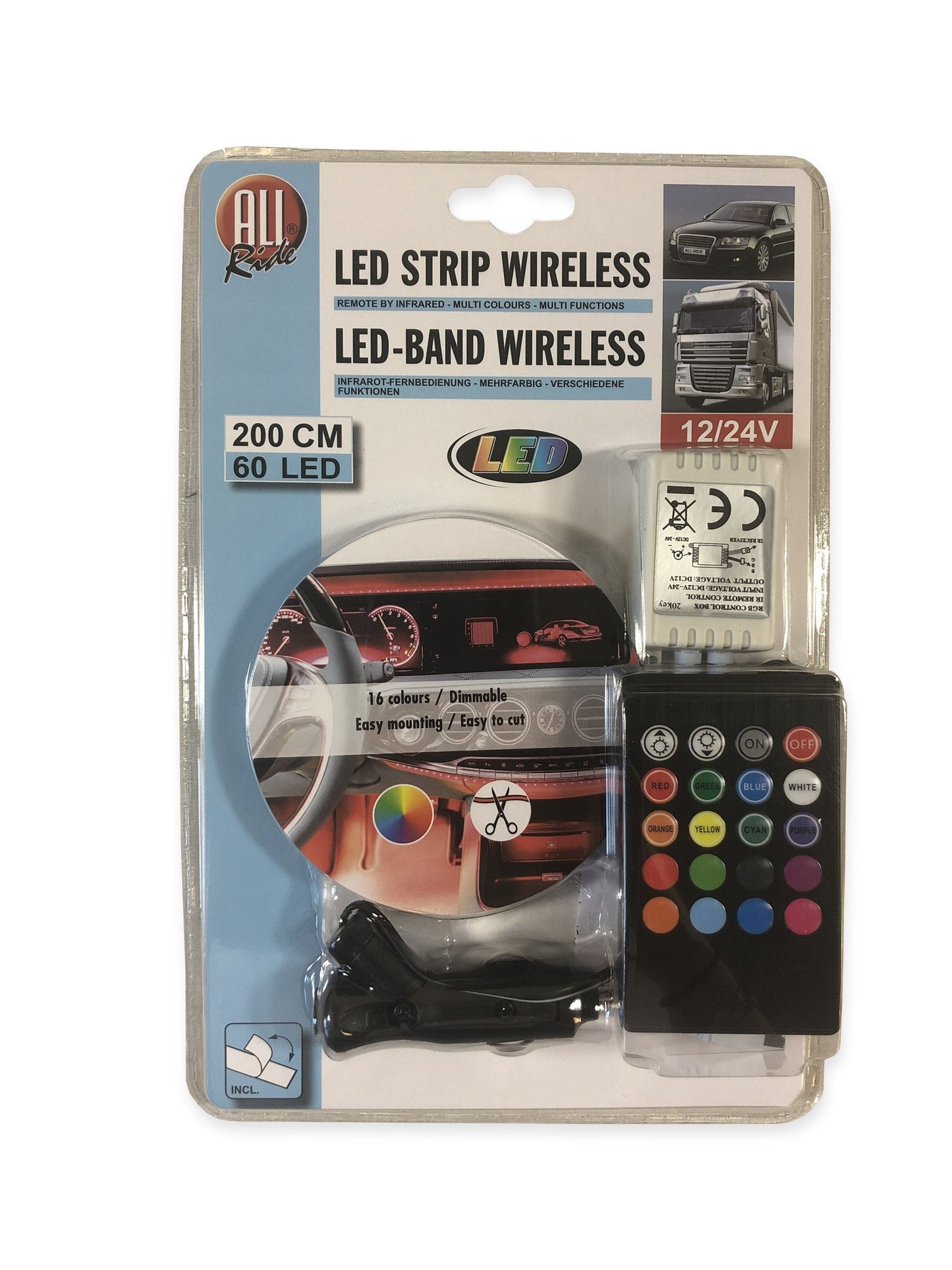 Allride Bande LED 60LED 2m - 12/24V avec télécommande et fonction de gradation