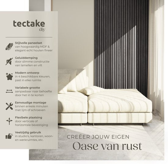 Panneaux acoustiques tectake® - Lot de 2 - Panneau mural acoustique - 60 x 120 cm - 1,44 m² - Panneaux muraux aux dimensions personnalisables - Panneau à lattes en MDF et placage de bois - Isolation acoustique - Décoration murale élégante - Montage facile
