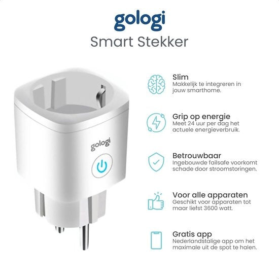 Gologi Smart plug - Prise intelligente - Horloge & Compteur d'énergie - WIFI - Google Home & Amazon Alexa - 4 Pièces - Blanc