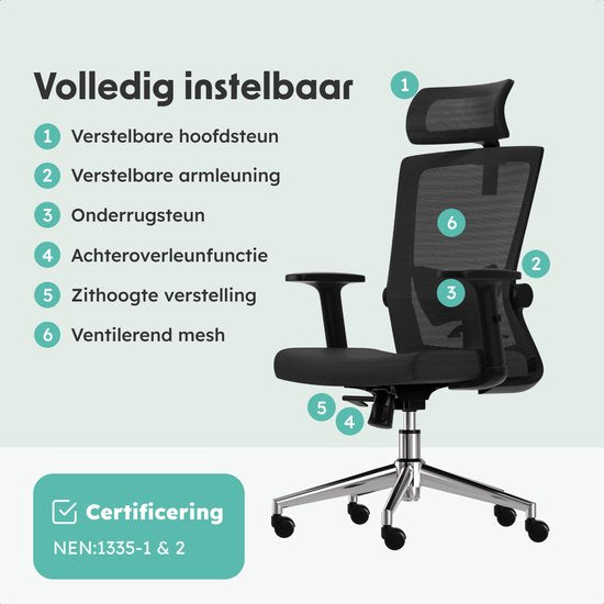 LifeGoods Ergonomic Office Chair - Chaise de bureau - Certifiée NEN et SGS - Adultes - Appui-tête - Noir/Chrome
