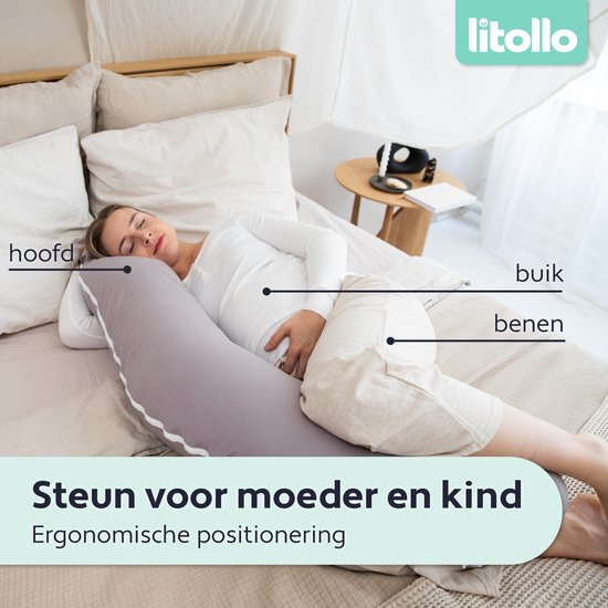 Litollo® Coussin de grossesse (forme J) - Coussin de soie - Coussin d'allaitement - Coussin de corps - 145cm - Housse amovible - Gris