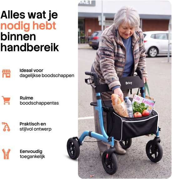 Rollator Brixy - Léger et pliable - Roues en caoutchouc à 360° - Siège intégré - Utilisation à l'intérieur et à l'extérieur - Dossier, sac et support pour canne - Bleu