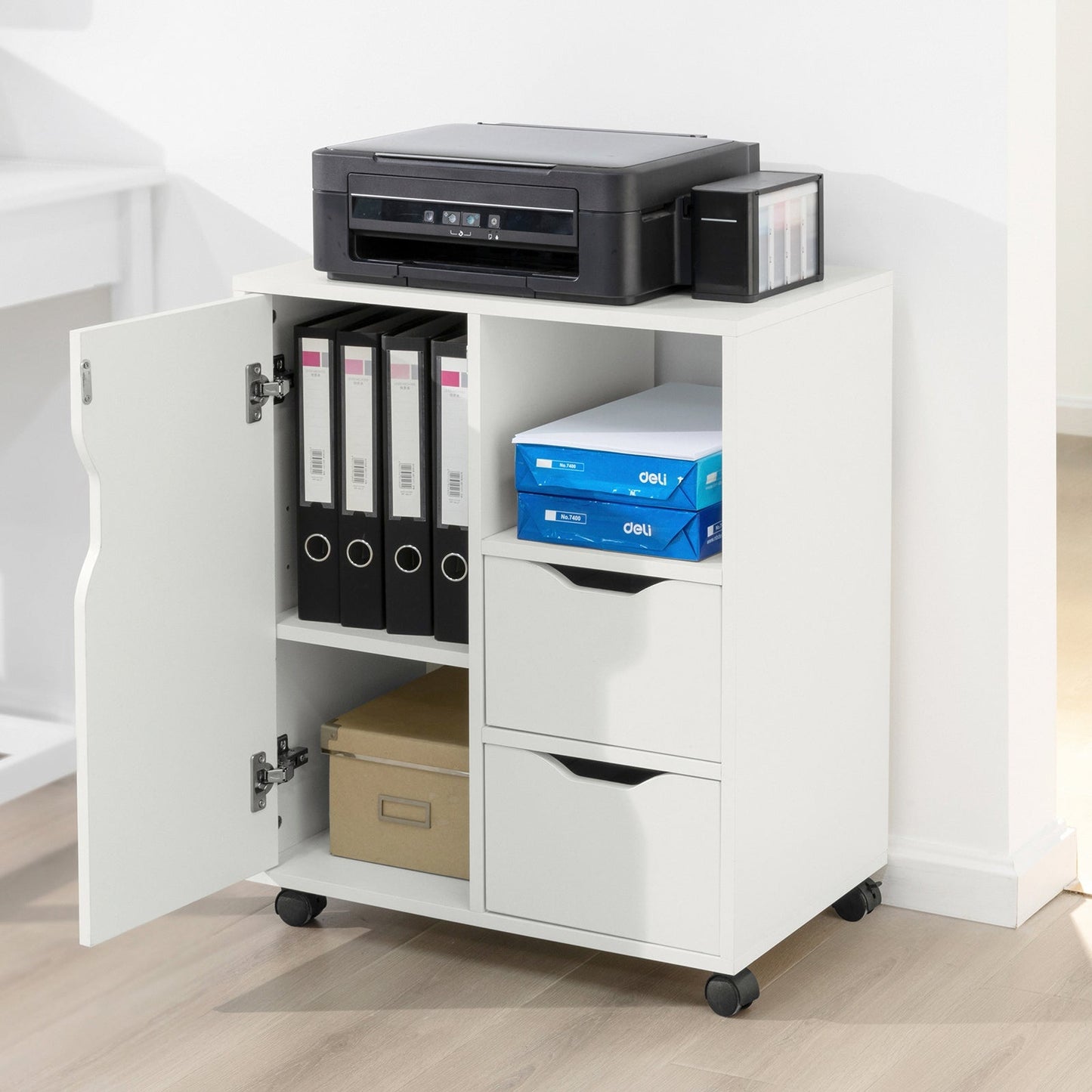 SoBuy Armoire de bureau - Porte-imprimante avec tiroirs et porte - Max. 50KG - 60 x 35 x 70 cm - Blanc